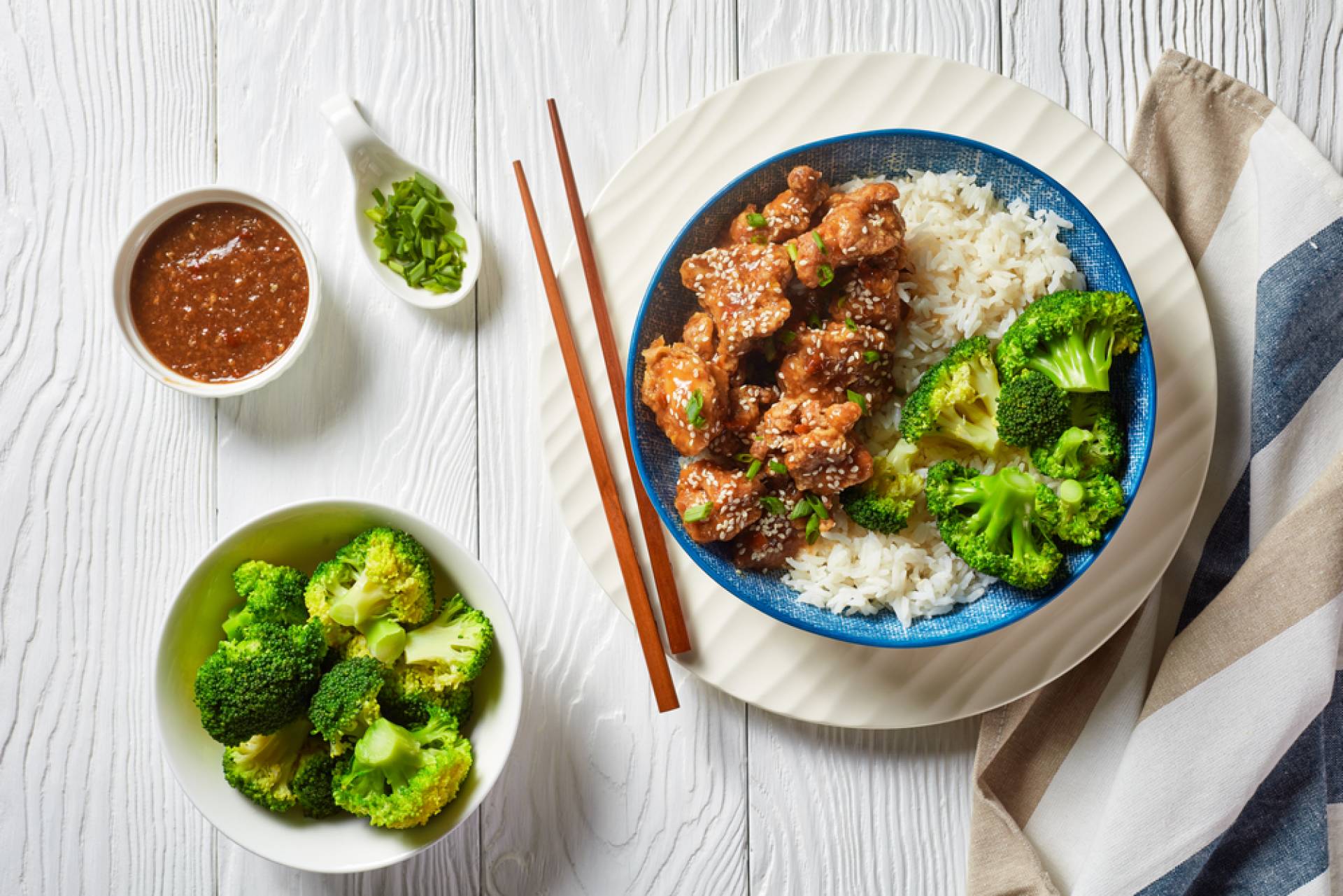 Sesame Chicken with Rice and Steamed Broccoli