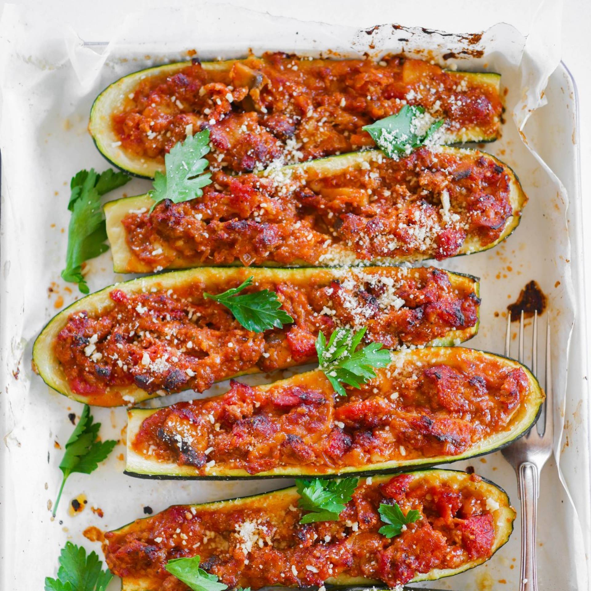 Whole30 Zucchini Boats Stuffed with Five eggs' Bolognese