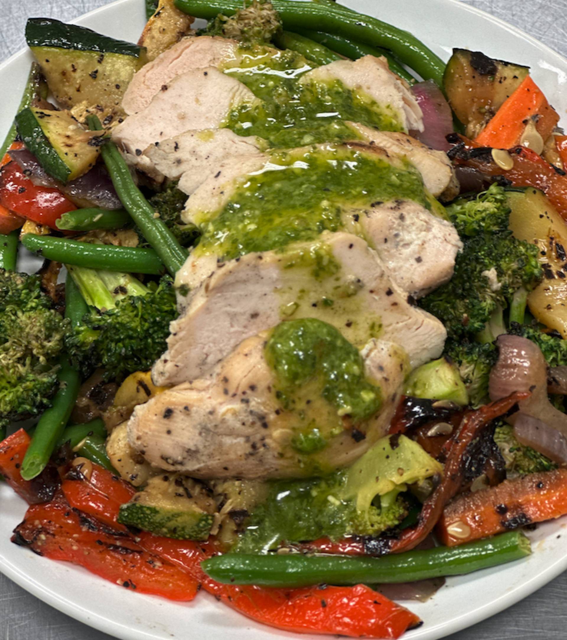 Whole30 Grilled Vegetables with Pesto and Grilled Chicken