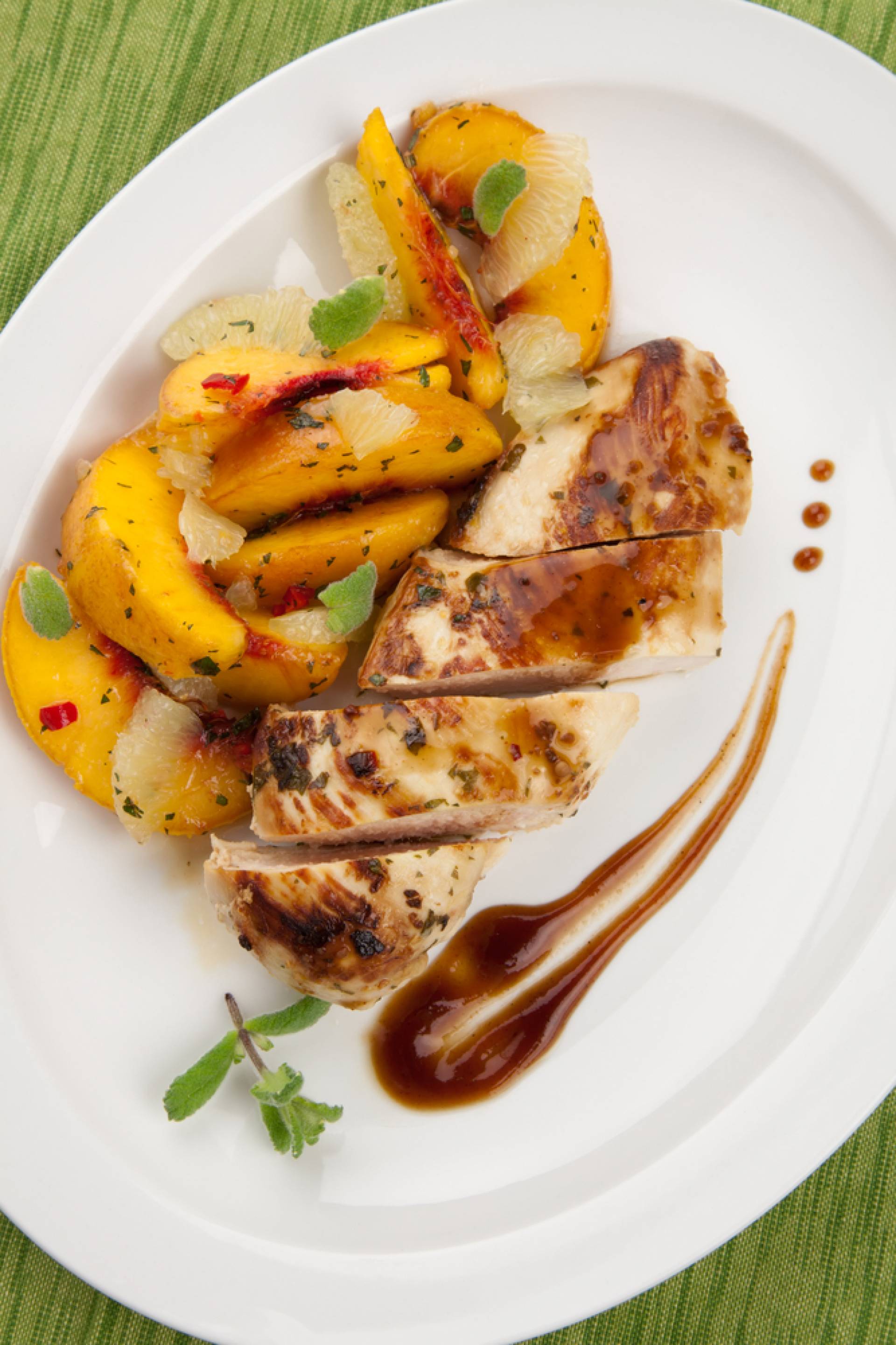 Almond Chicken with Cous Cous and Grilled Peach Sauce