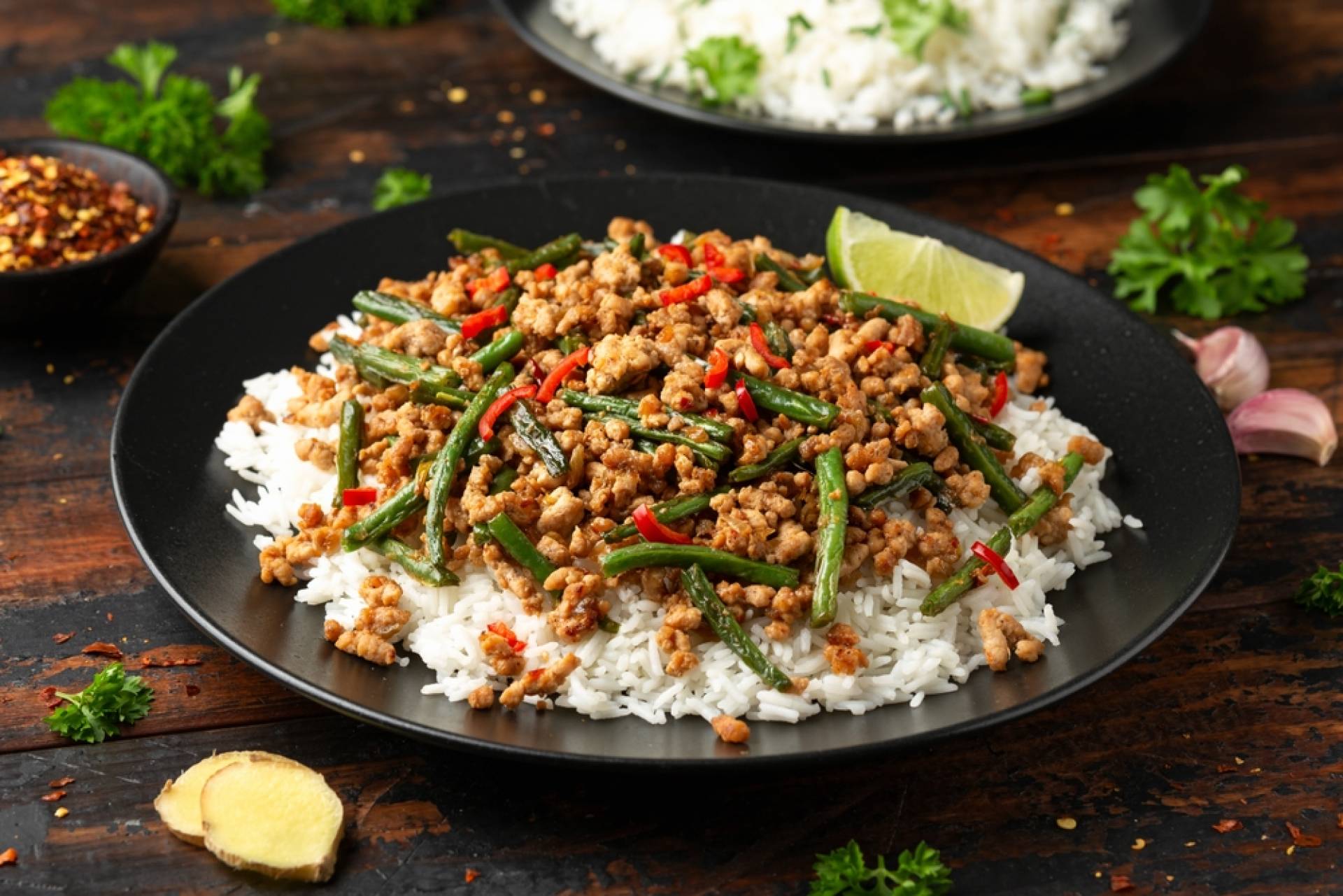 Asian Pork & Green Bean Saute over Rice