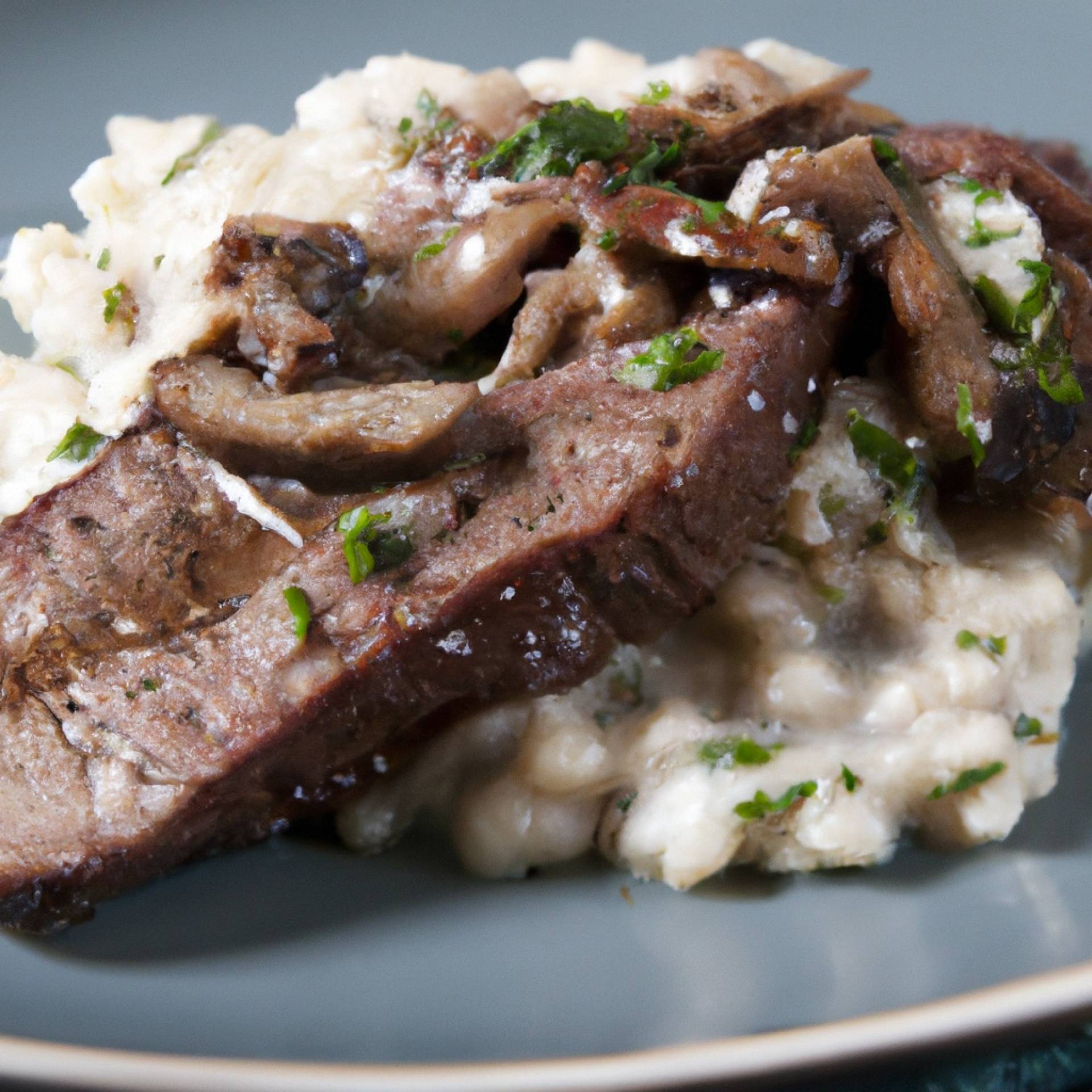 Grilled Flank Steak with Chive Risotto with Mushroom Sauce