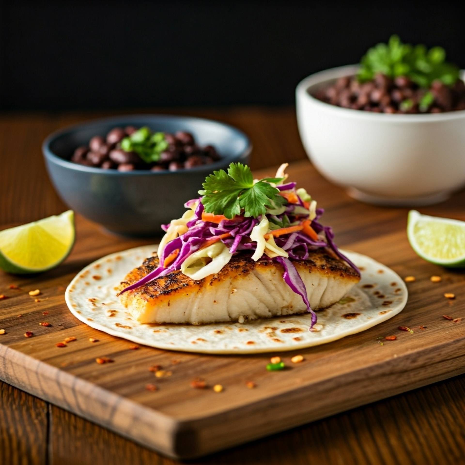 Mahi Fish Tacos with Coleslaw & Borracho Beans