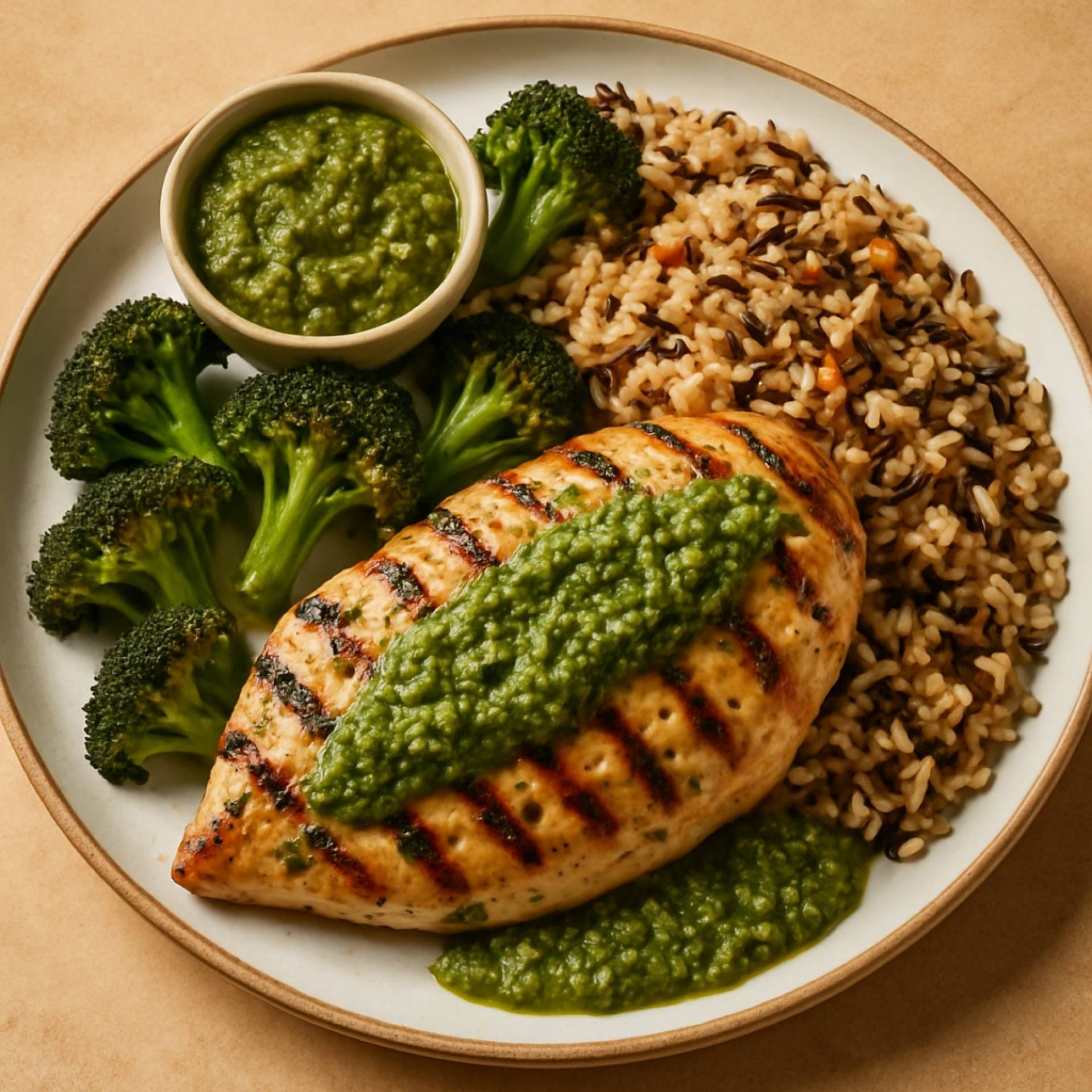 Mindful Meals Grilled Herb Chicken with Roasted Broccoli & Wild Rice Pilaf, Pumpkin Seed Pesto
