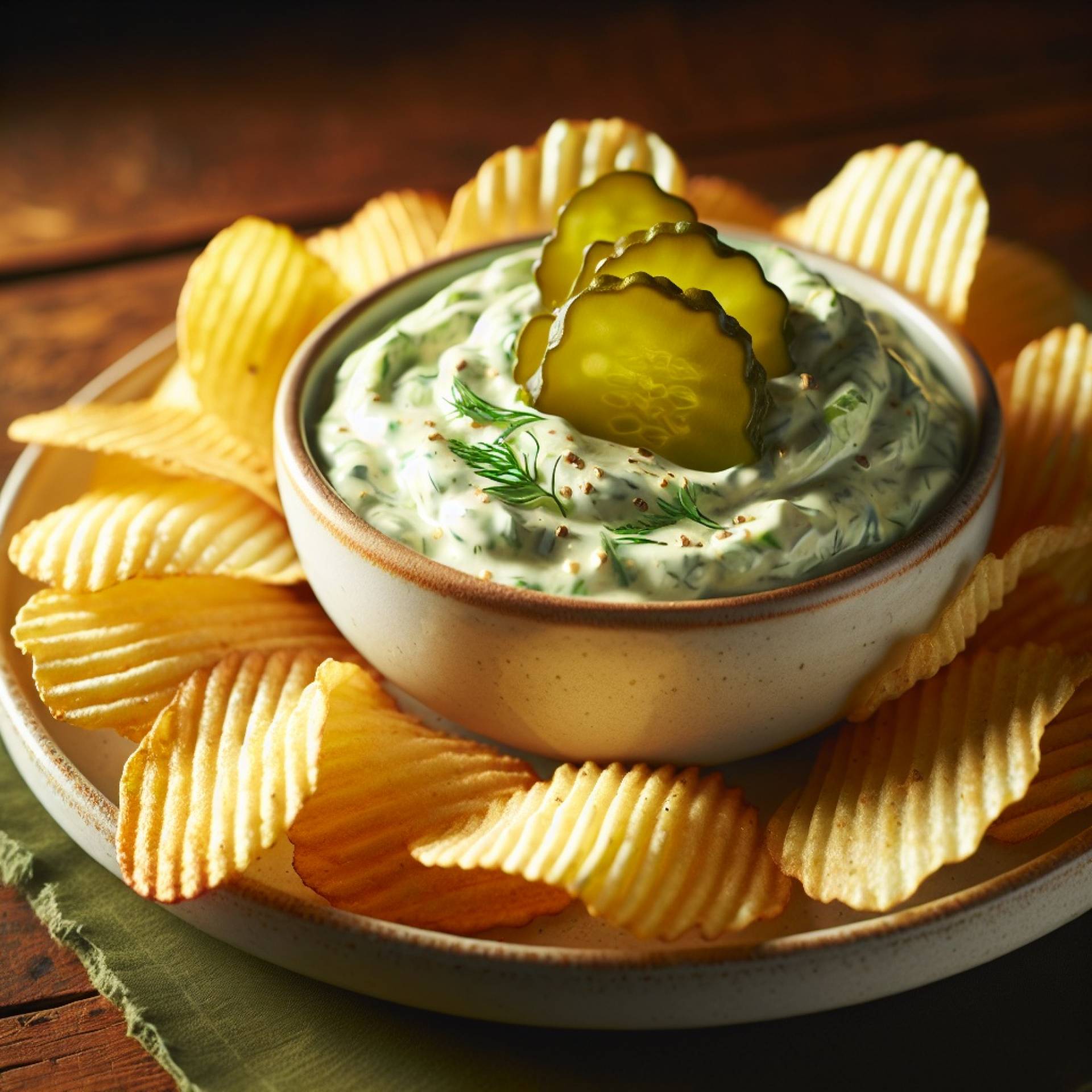 Creamy Pickle Dip with Housemade Potato Crinkle Cut Crisps