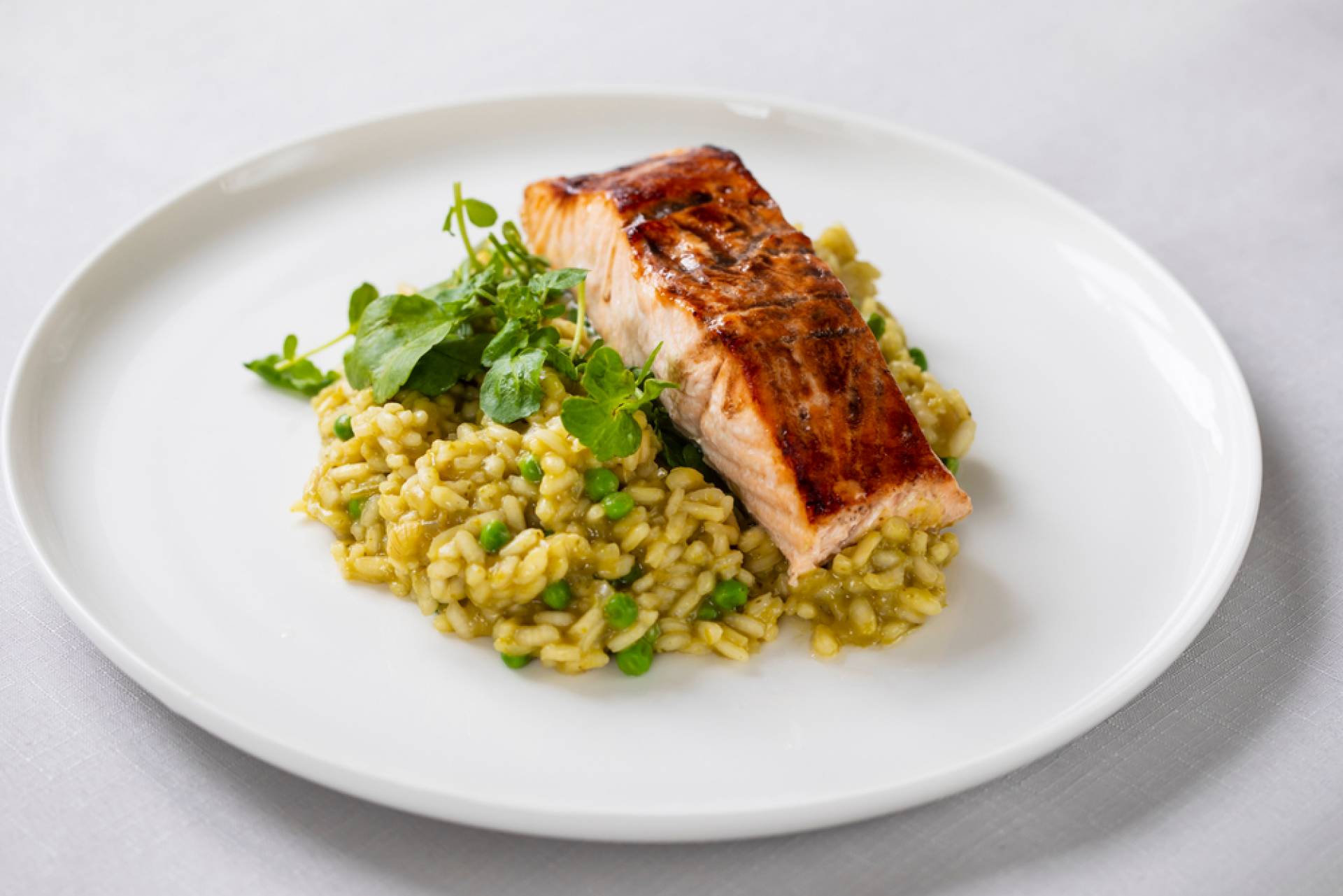 Roasted Salmon with Basil & Asparagus Risotto