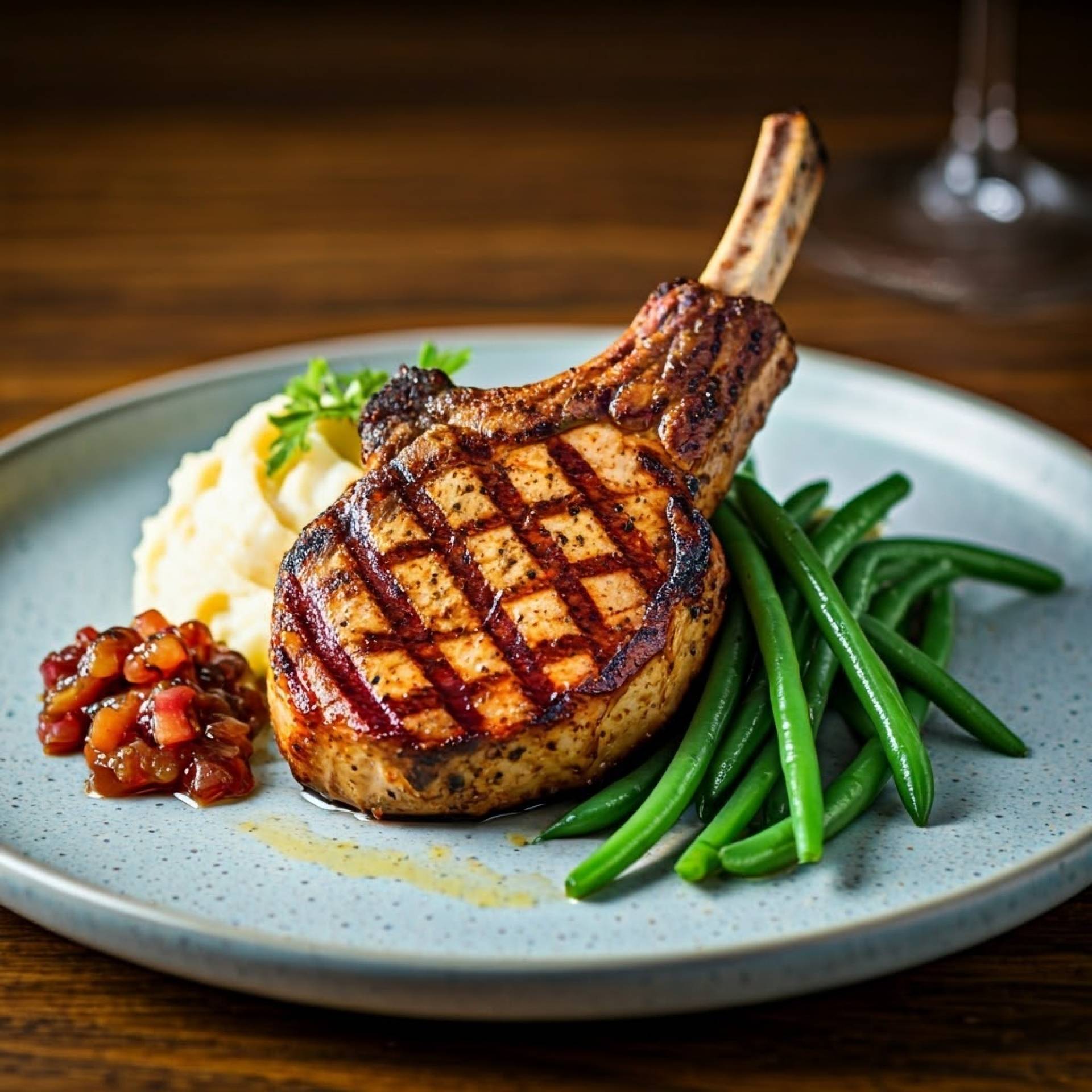 Grilled Bone-in Pork Chop with Bacon Rhubarb Jam