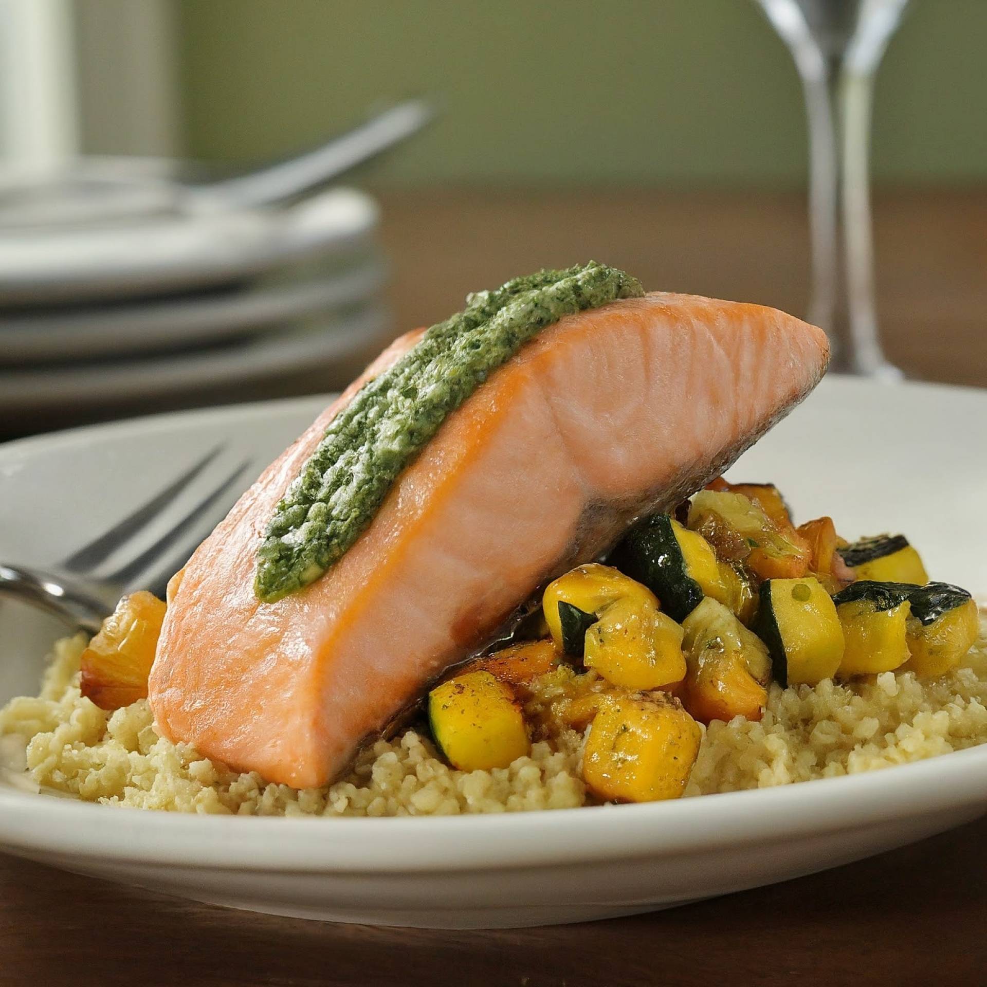 Salmon with Pearl Cous Cous & Pepita Pesto