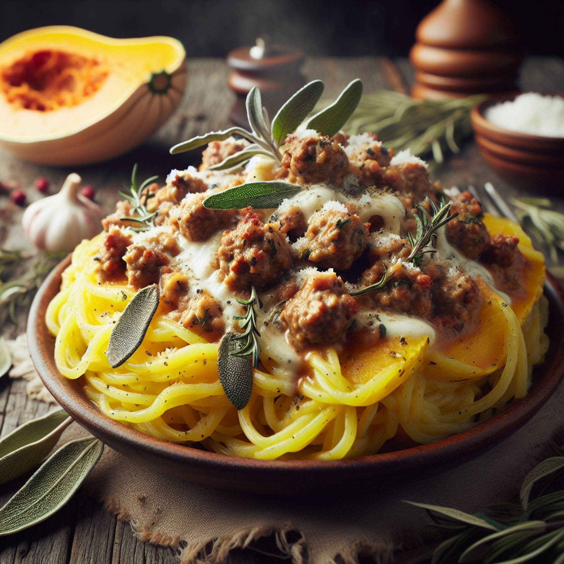 Whole30 Creamy Sausage and Sage Spaghetti Squash Bake