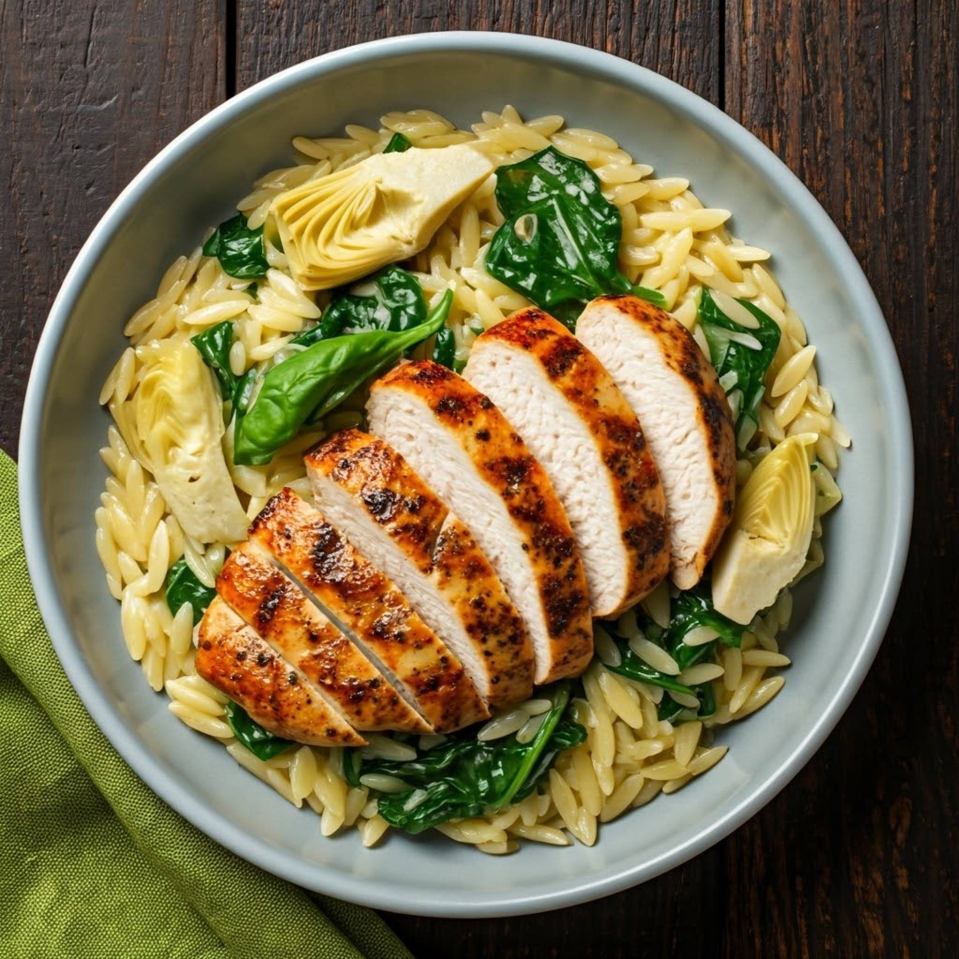 Basil Chicken with Artichokes Orzo Pasta