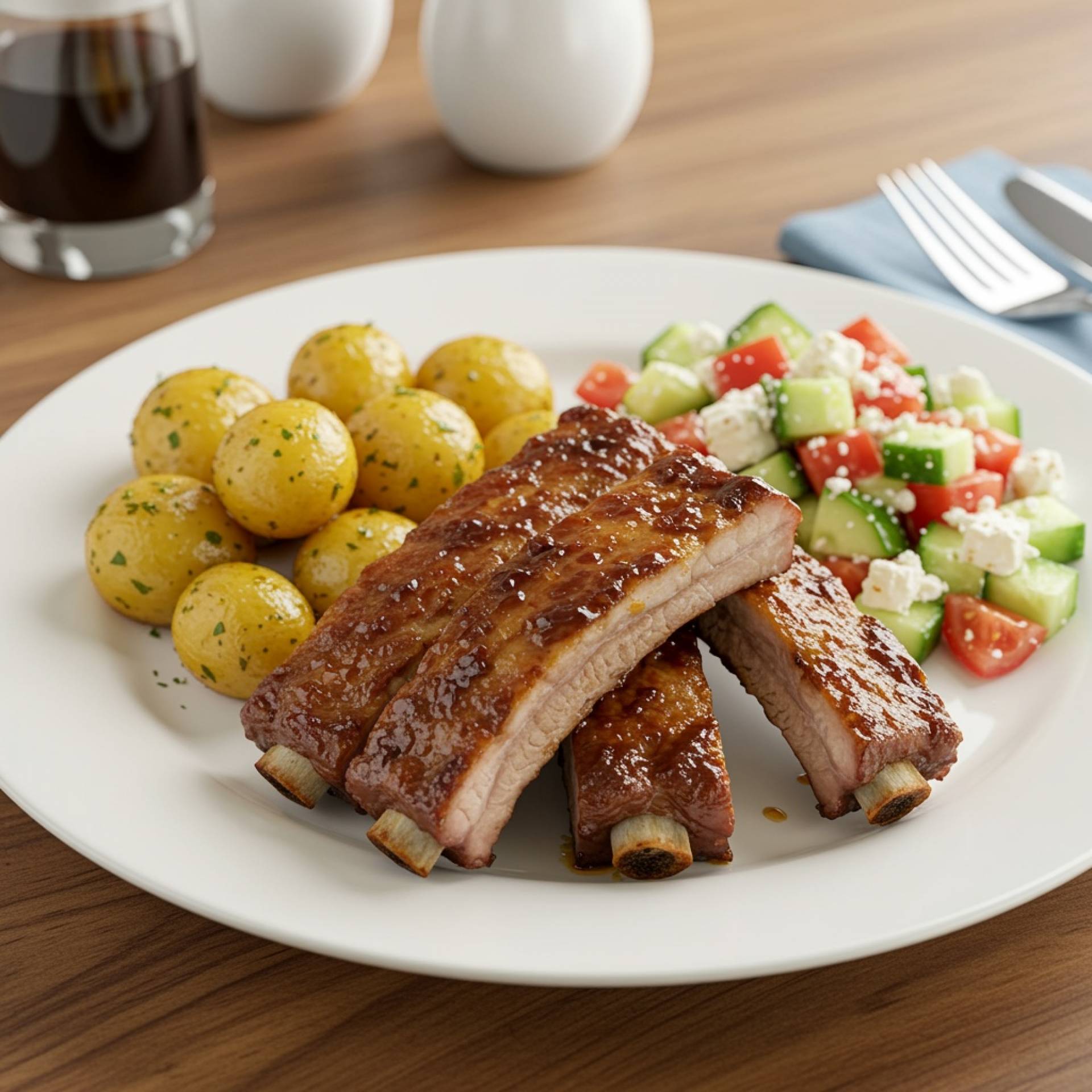 Greek Style Ribs with Roasted Potatoes & Cucumber Salad
