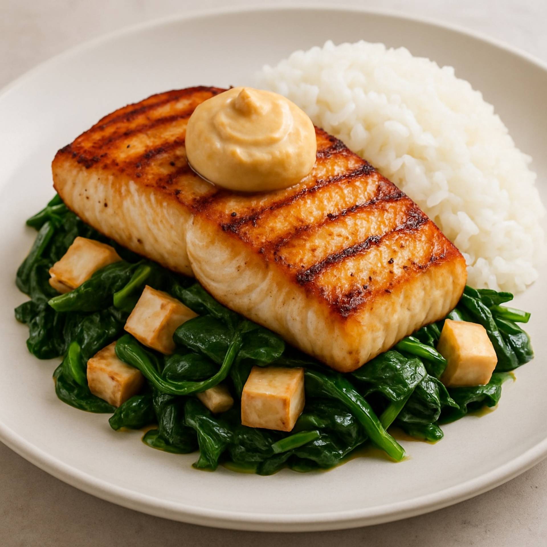 Mahi Mahi with Tofu, Miso Butter, Spinach & Rice