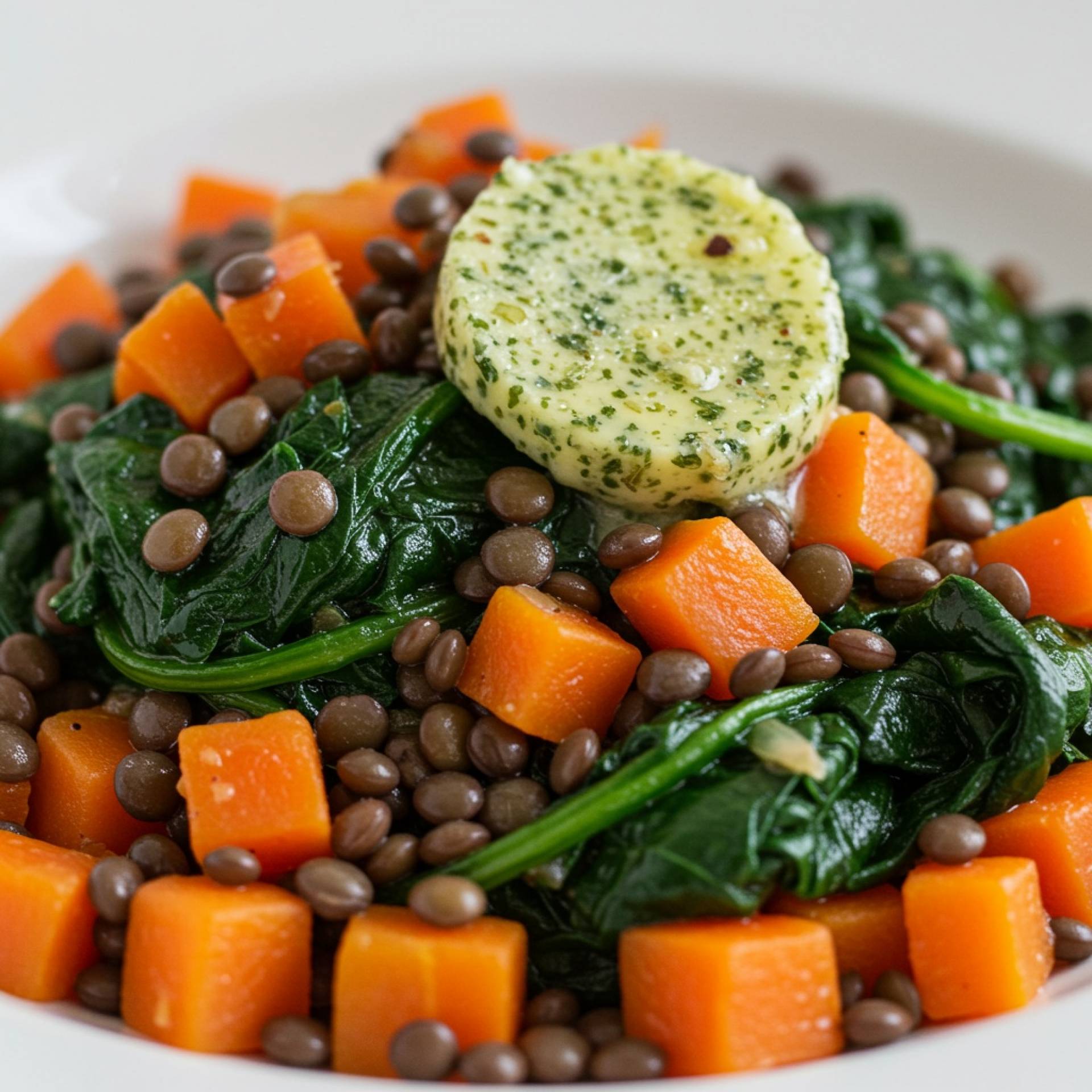 Sautéed Tofu with Miso Butter, Spinach, and Black Lentils