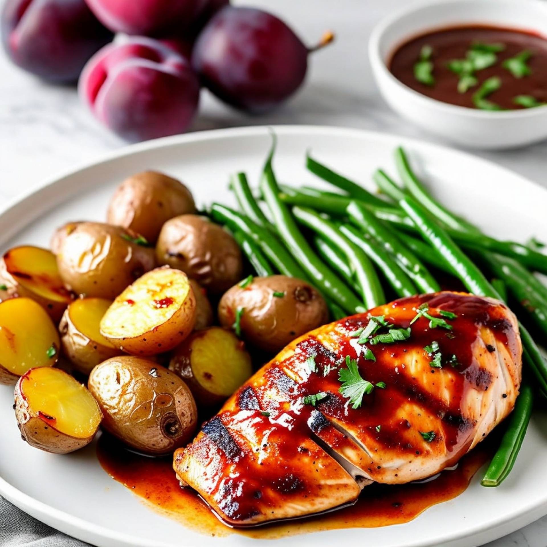 Plum BBQ Chicken with Baby Potatoes & Green Beans