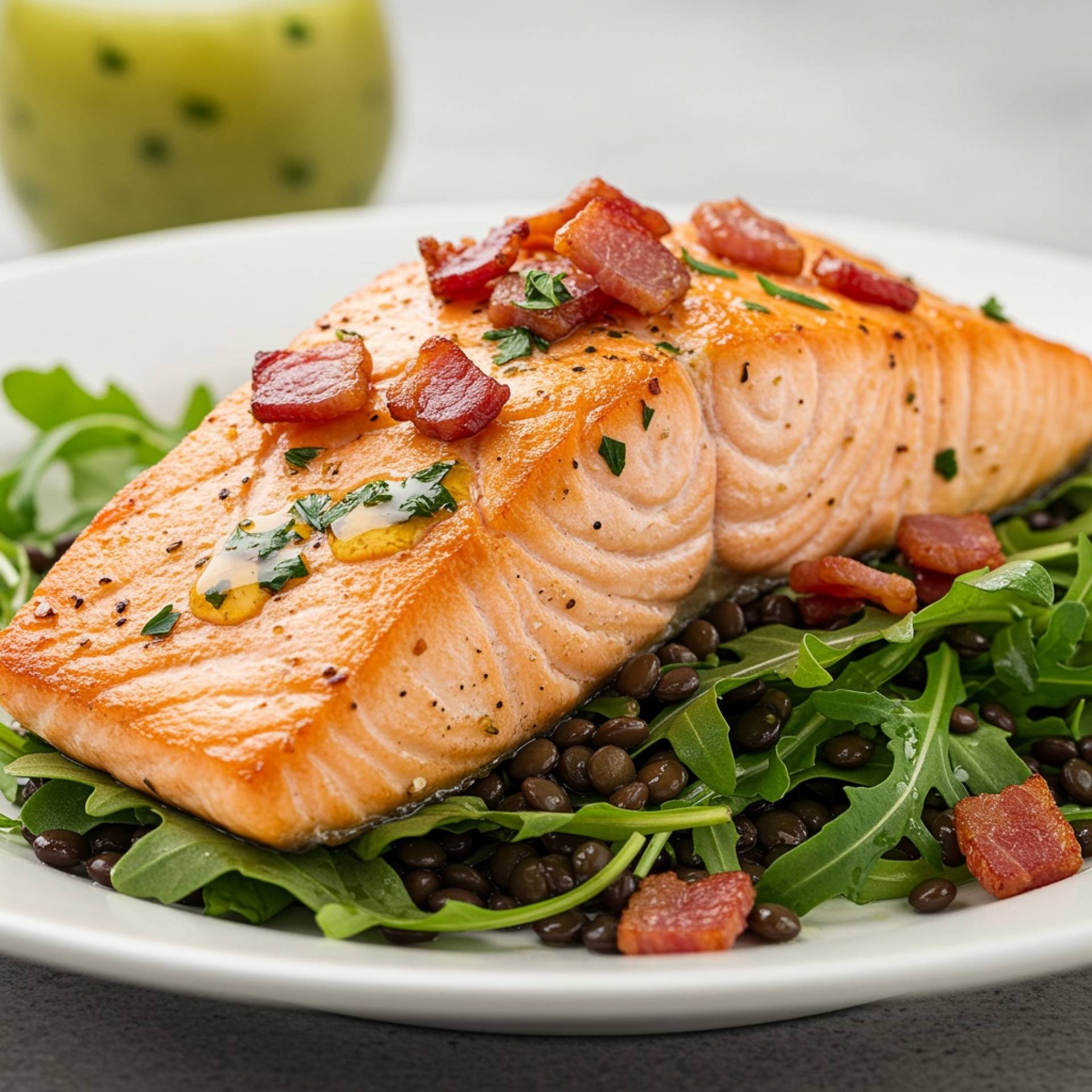 Mindful Meals Salmon with Bacon Lentils