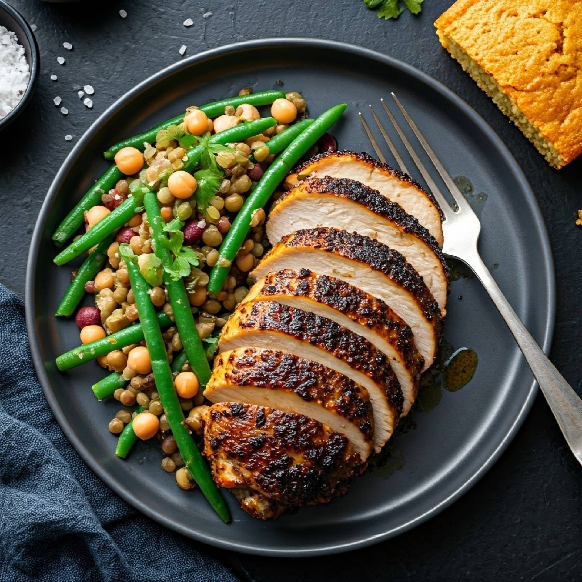 Jerk Chicken with Cornbread & 3 Bean Salad