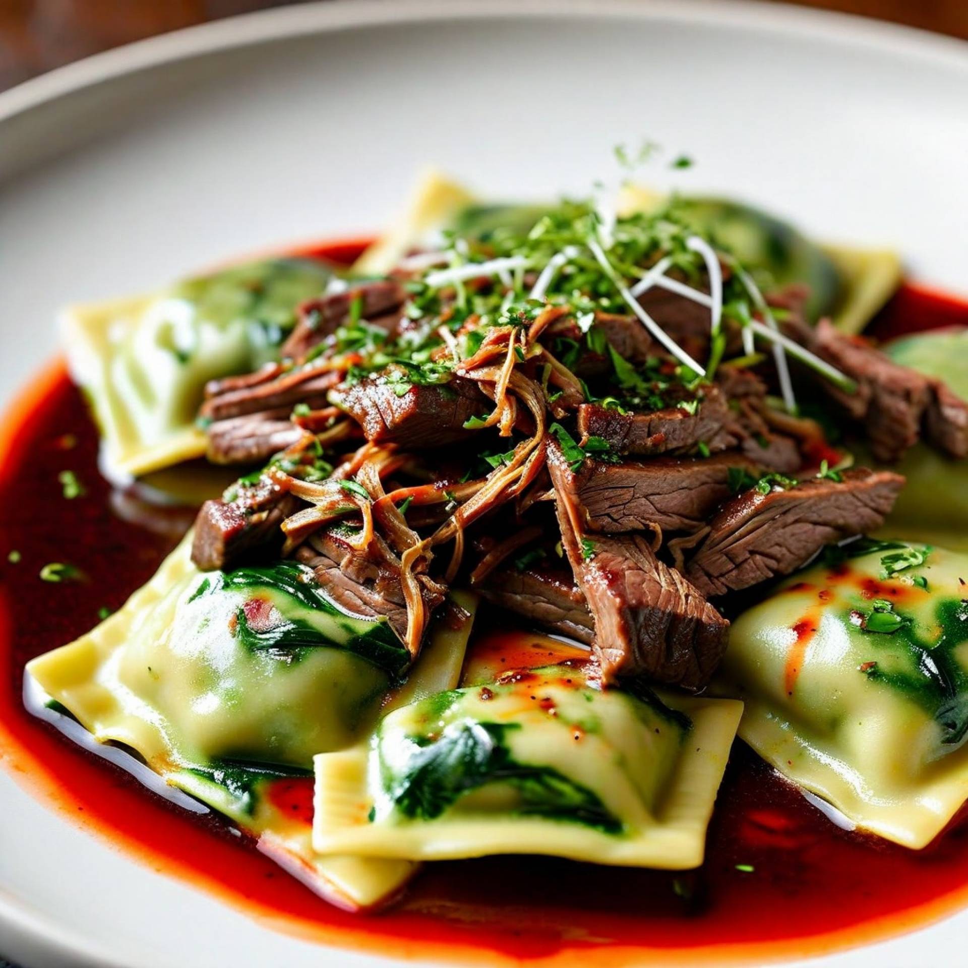 Braised Beef over Organic Cheese Ravioli
