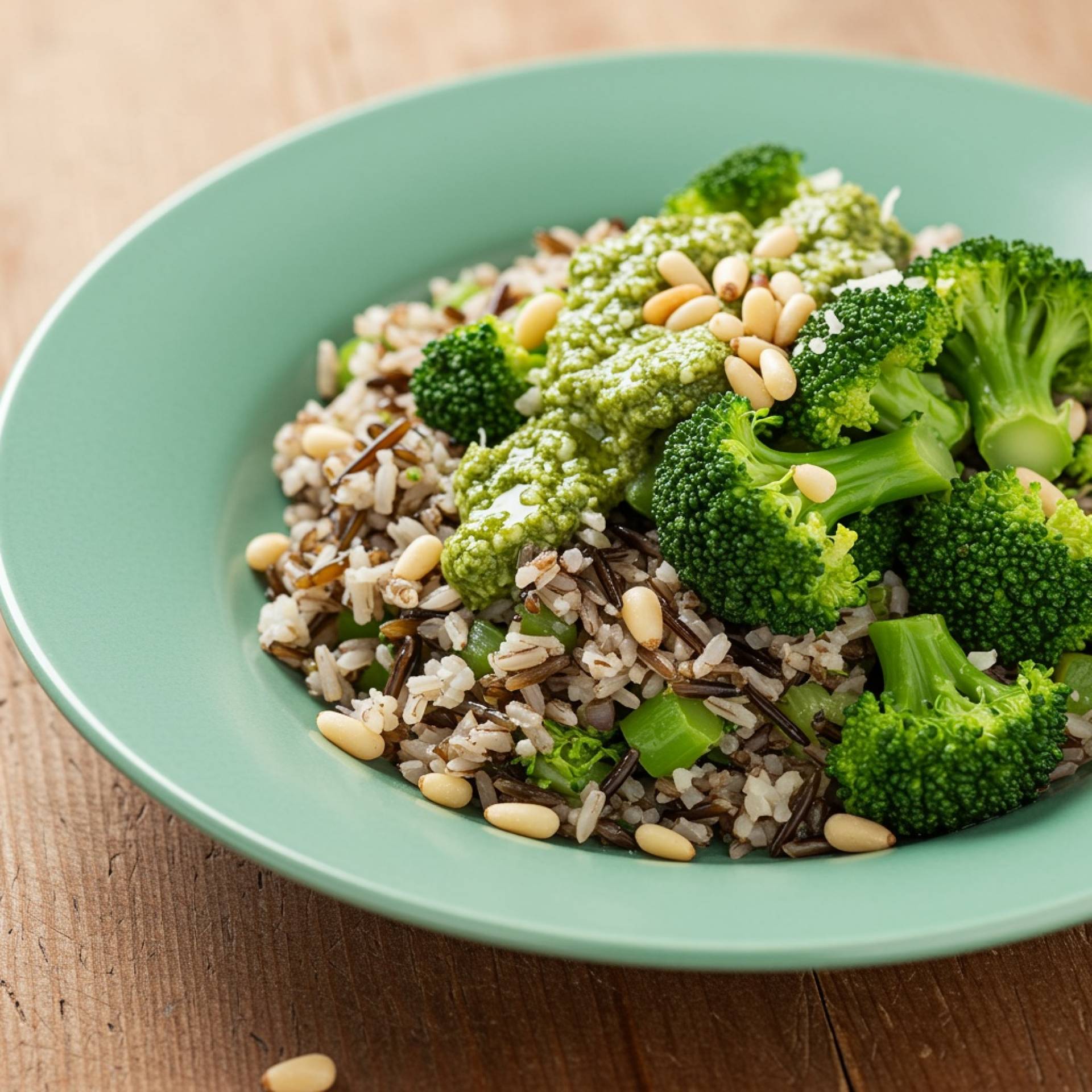 Roasted Broccoli & Wild Rice Pilaf with Pumpkin Seed Pesto