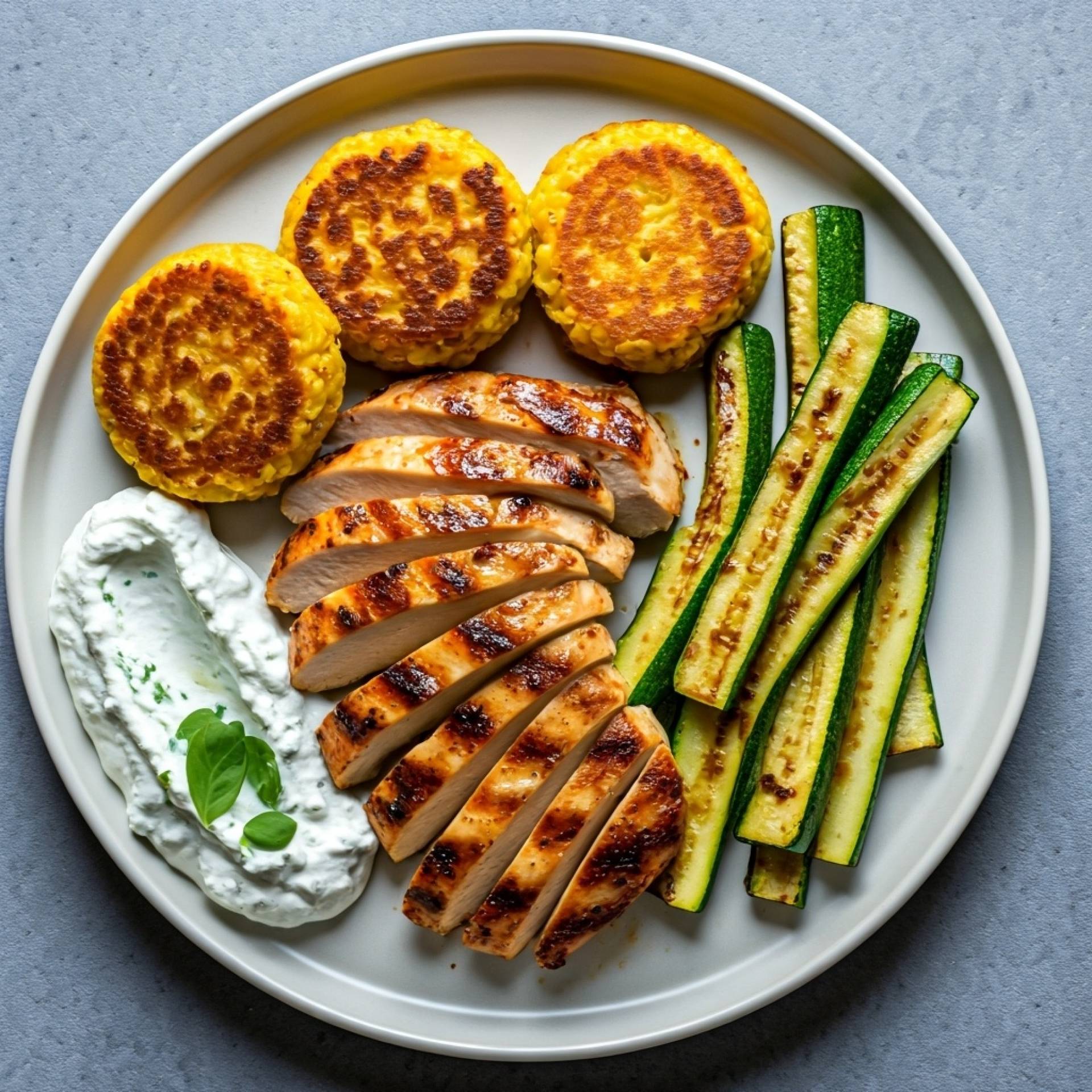 Mindful Meals Chicken with Griddled Corn Cakes, Zucchini, Basil Ricotta