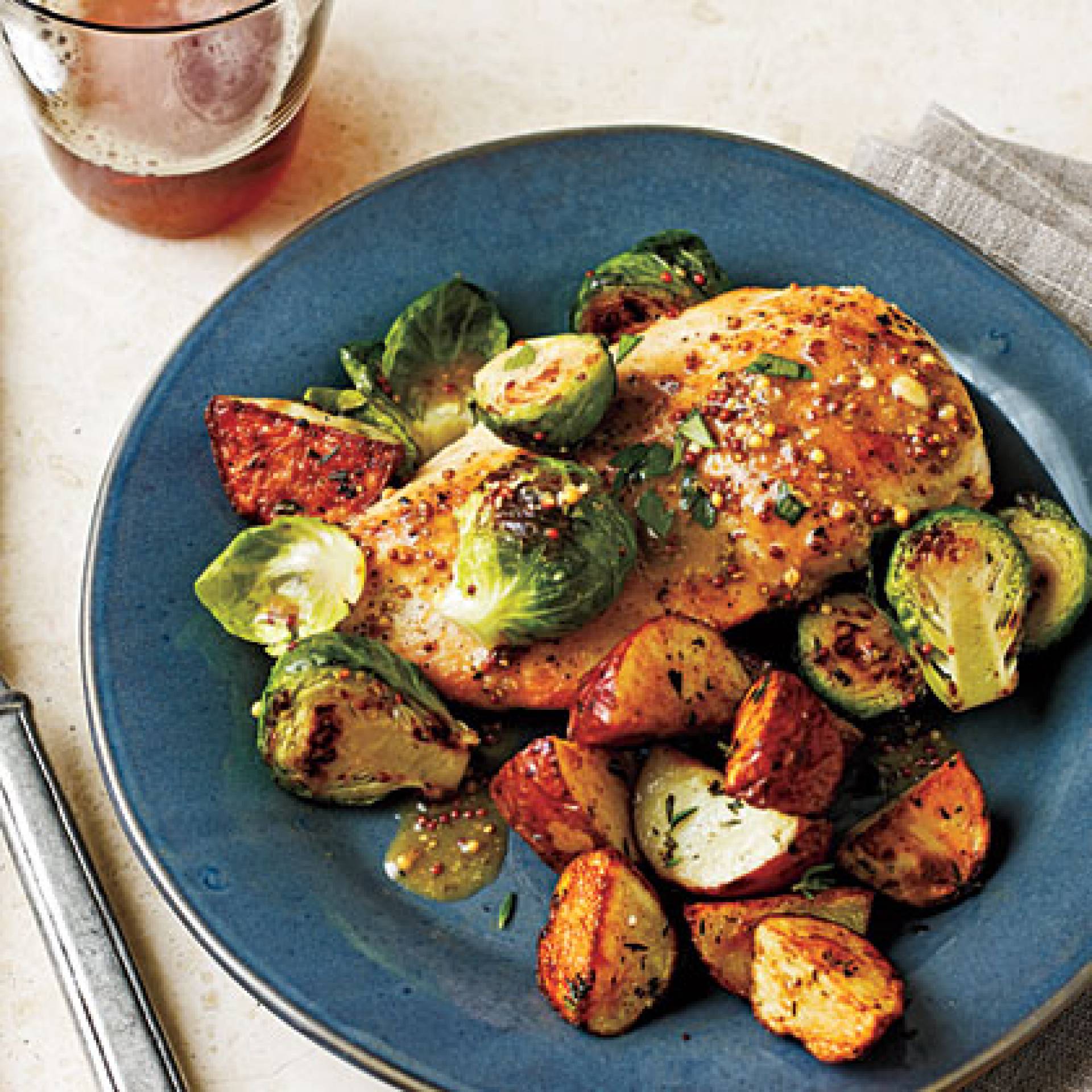 Grilled Chicken with Crispy Brussels and Potatoes