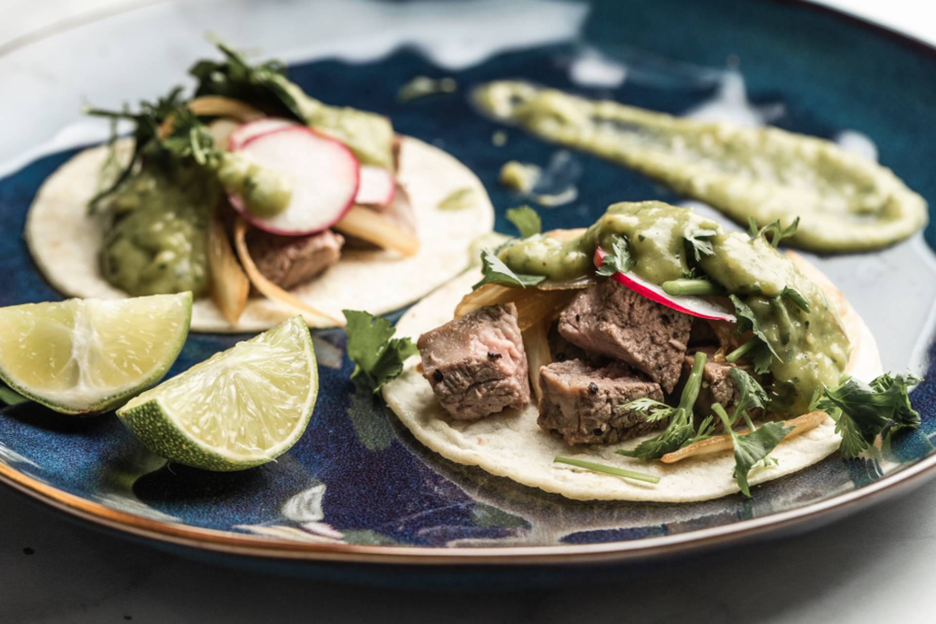 Grilled Steak Tacos with Roasted Tomatillo Sauce