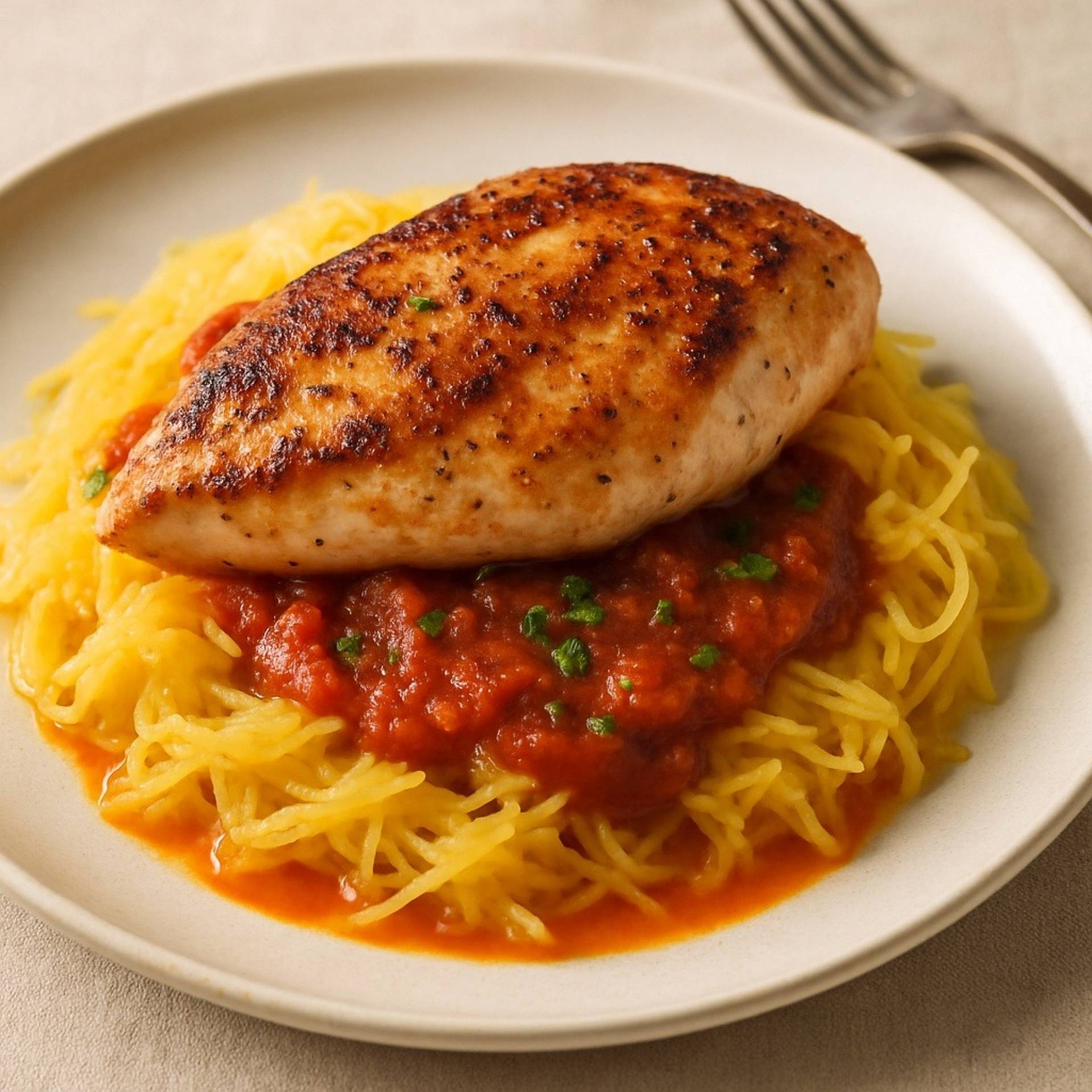 Mindful Meals Seared Chicken Breast over Spaghetti Squash with Red Sauce