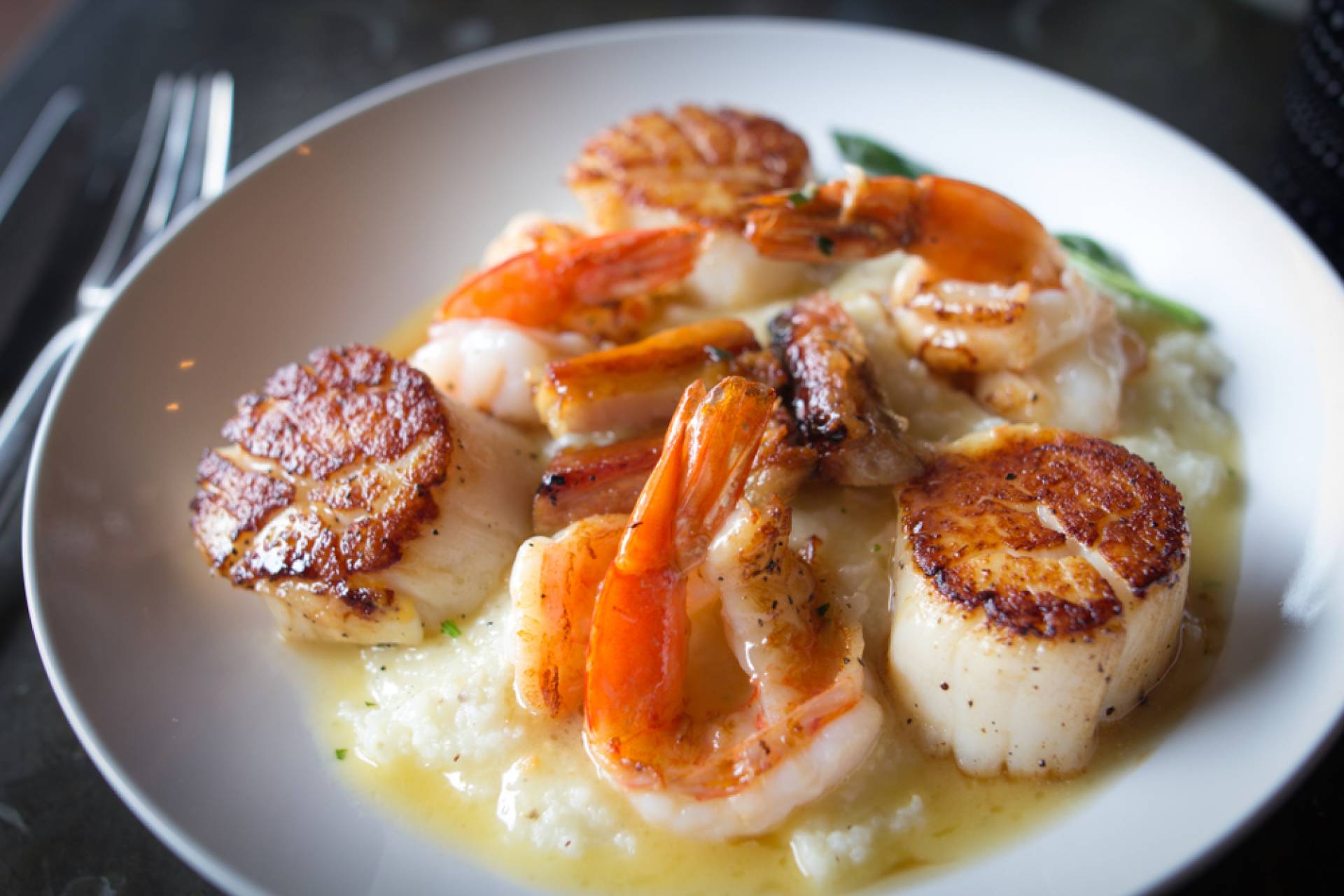 Cajun Shrimp and Scallops over Grits - Five Eggs