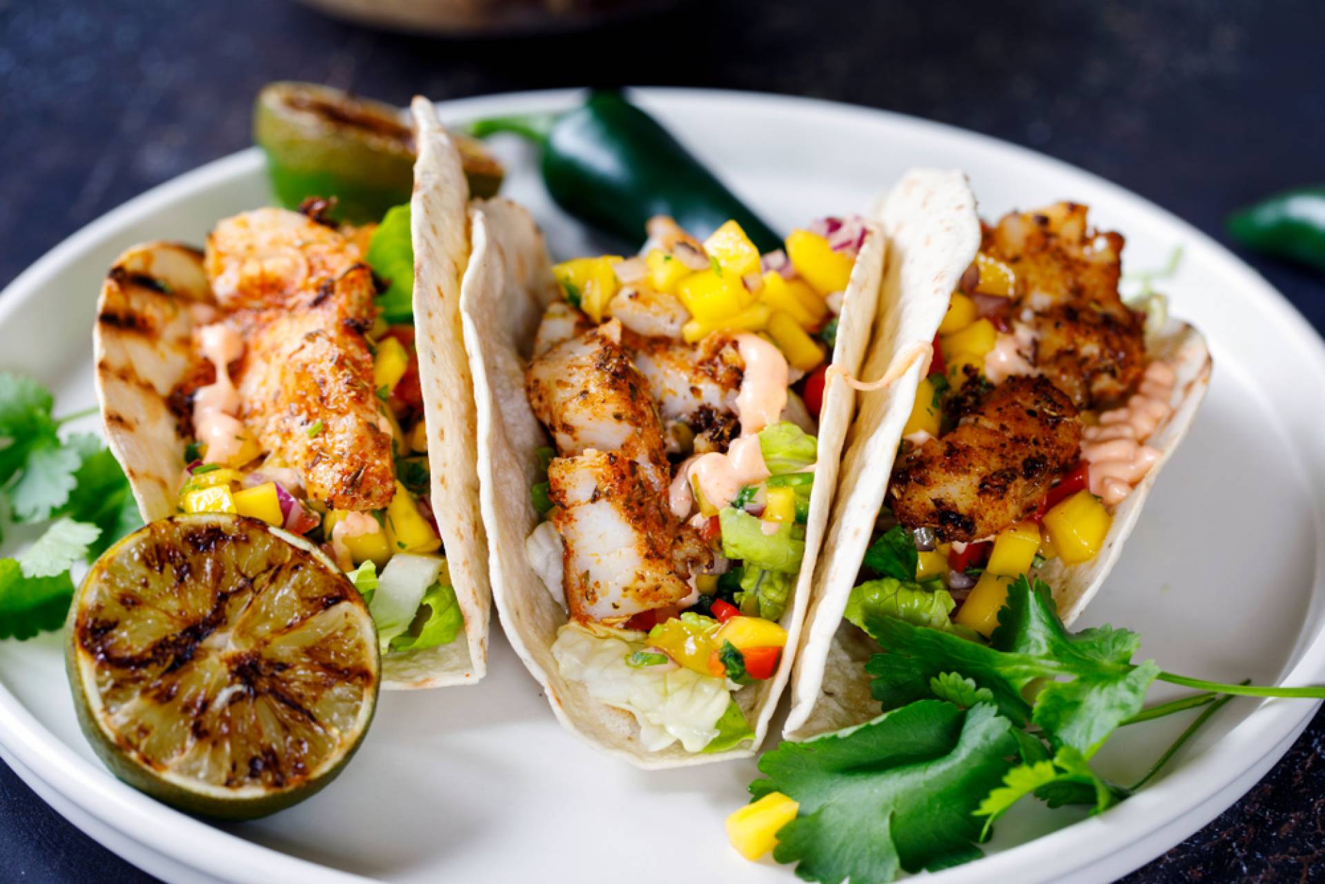 Fish Tacos with Lime Rice, Refried Beans and Mango Salsa